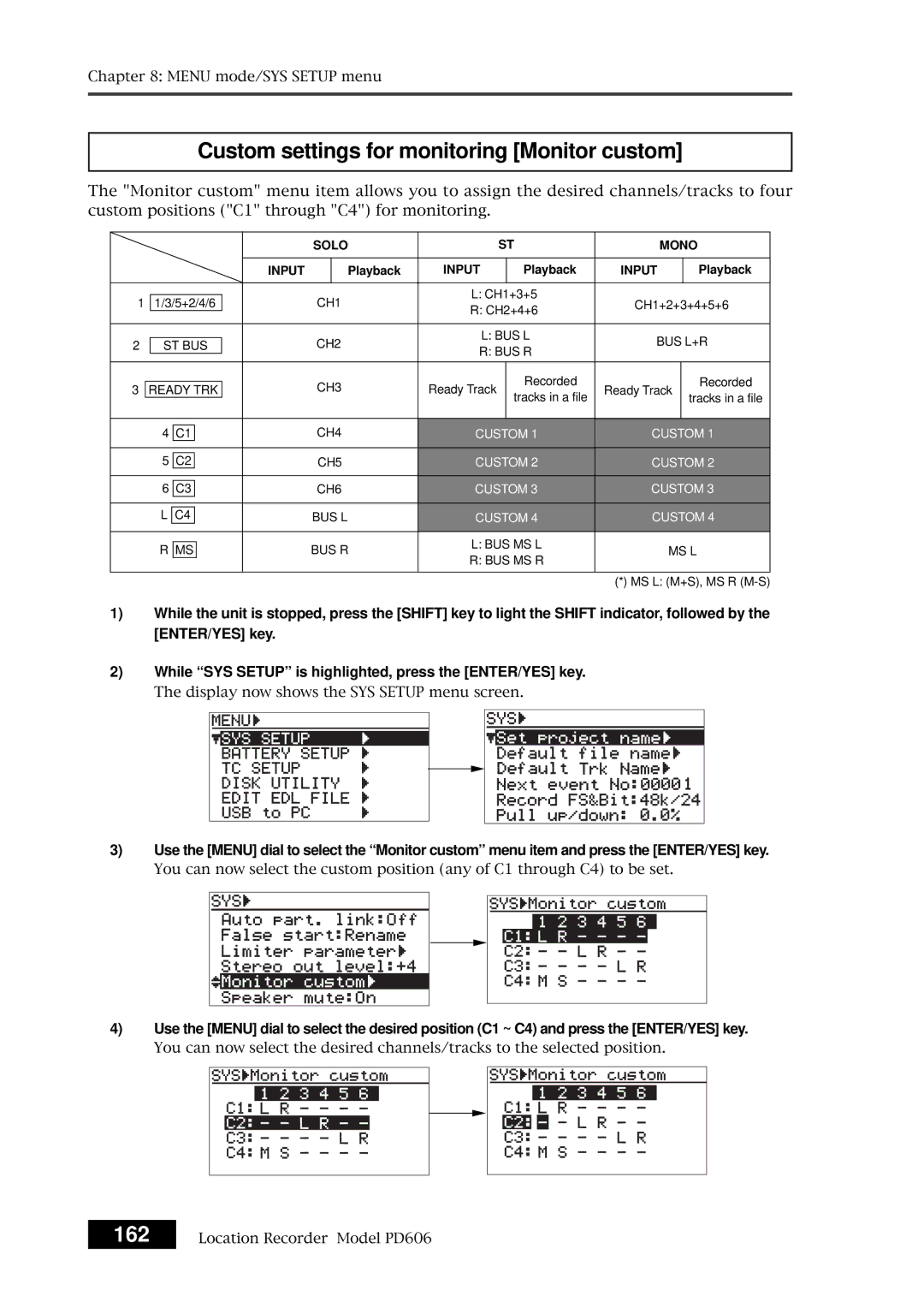 Fostex PD606 owner manual Custom settings for monitoring Monitor custom 