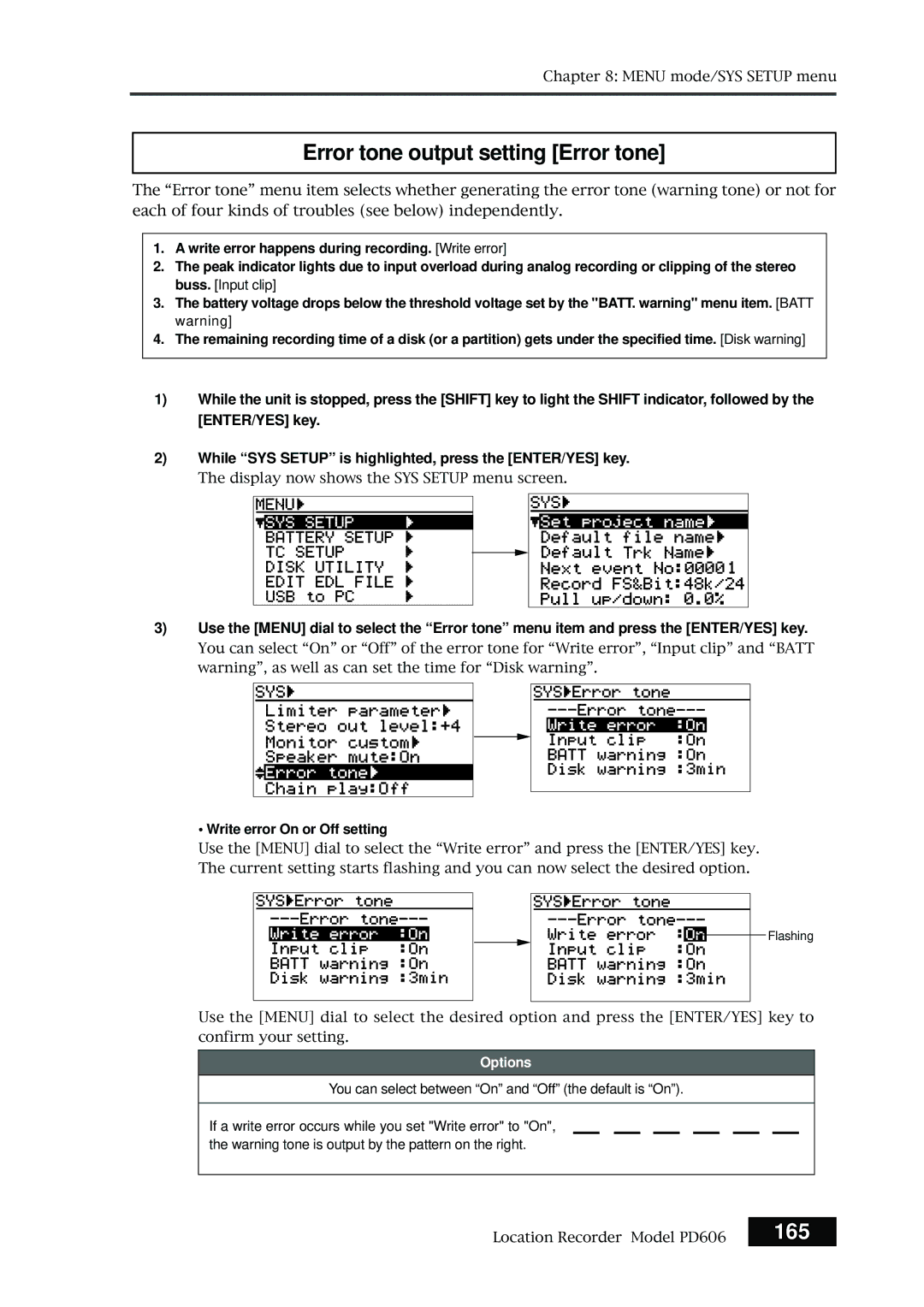 Fostex PD606 owner manual Error tone output setting Error tone, 165, Write error On or Off setting 