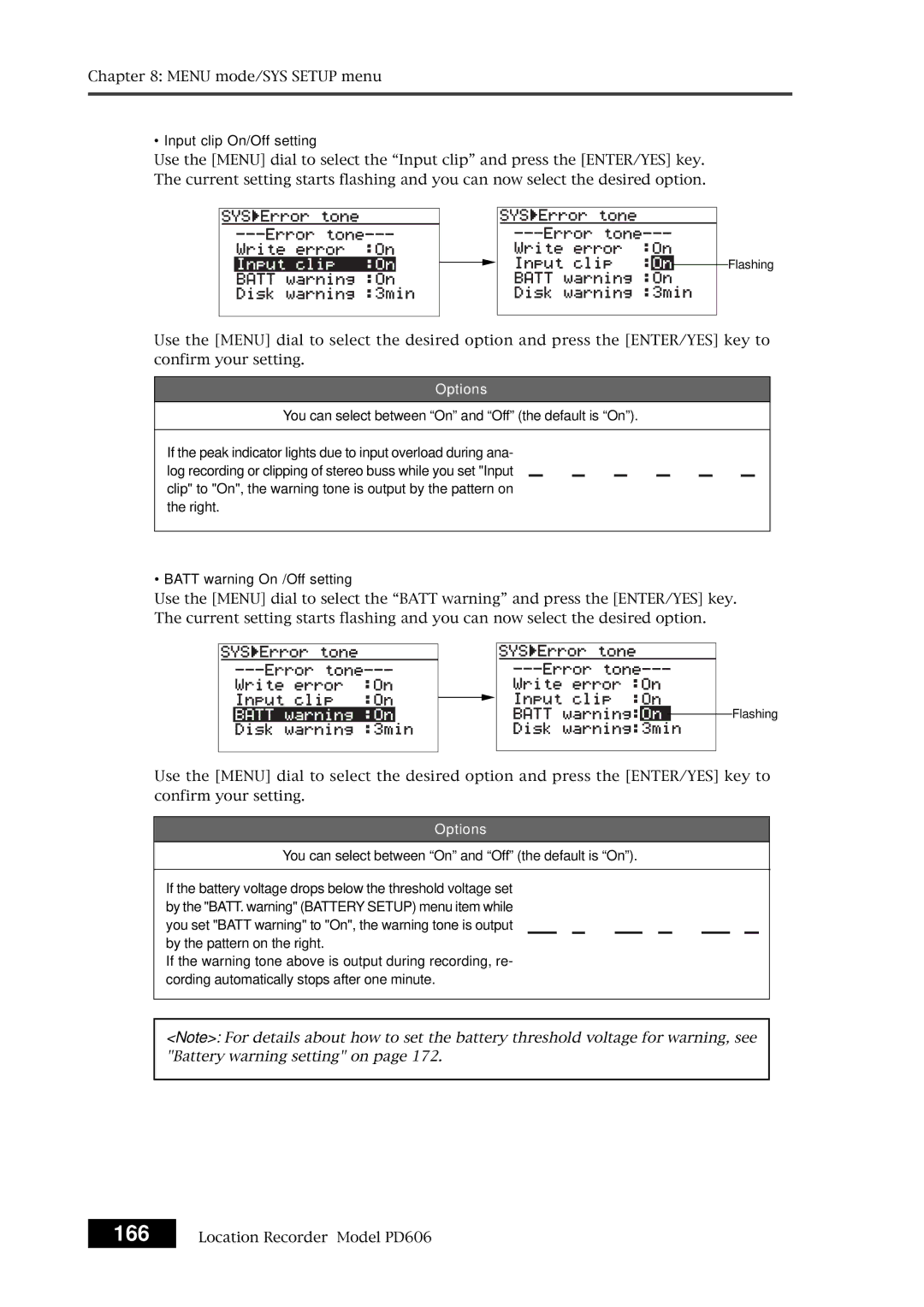 Fostex PD606 owner manual Input clip On/Off setting, Options 