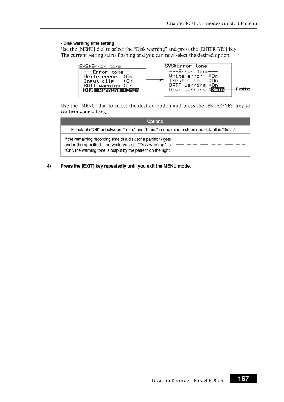 Fostex PD606 owner manual 167, Disk warning time setting 