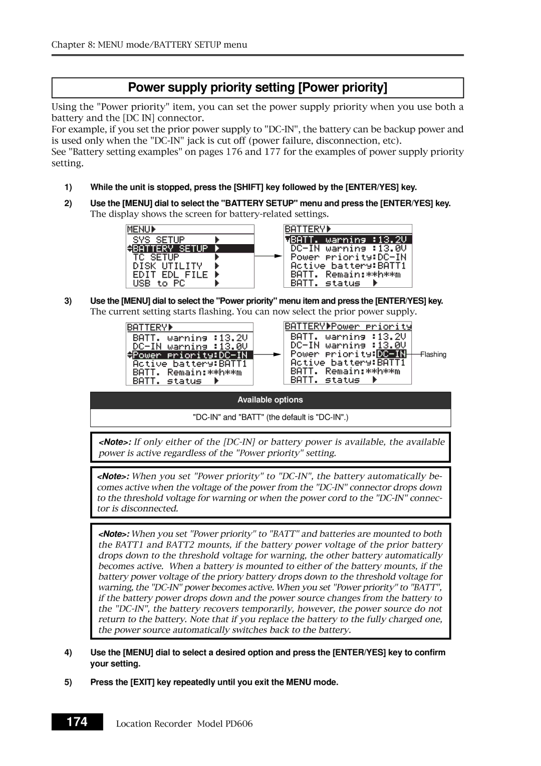 Fostex PD606 owner manual Power supply priority setting Power priority, DC-IN and Batt the default is DC-IN 