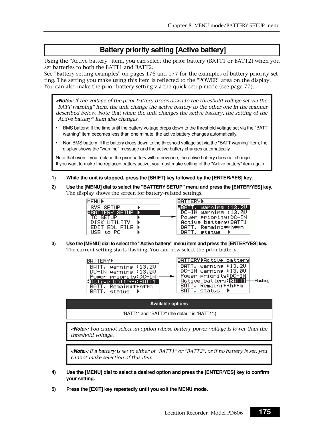 Fostex PD606 owner manual Battery priority setting Active battery, 175, BATT1 and BATT2 the default is BATT1 