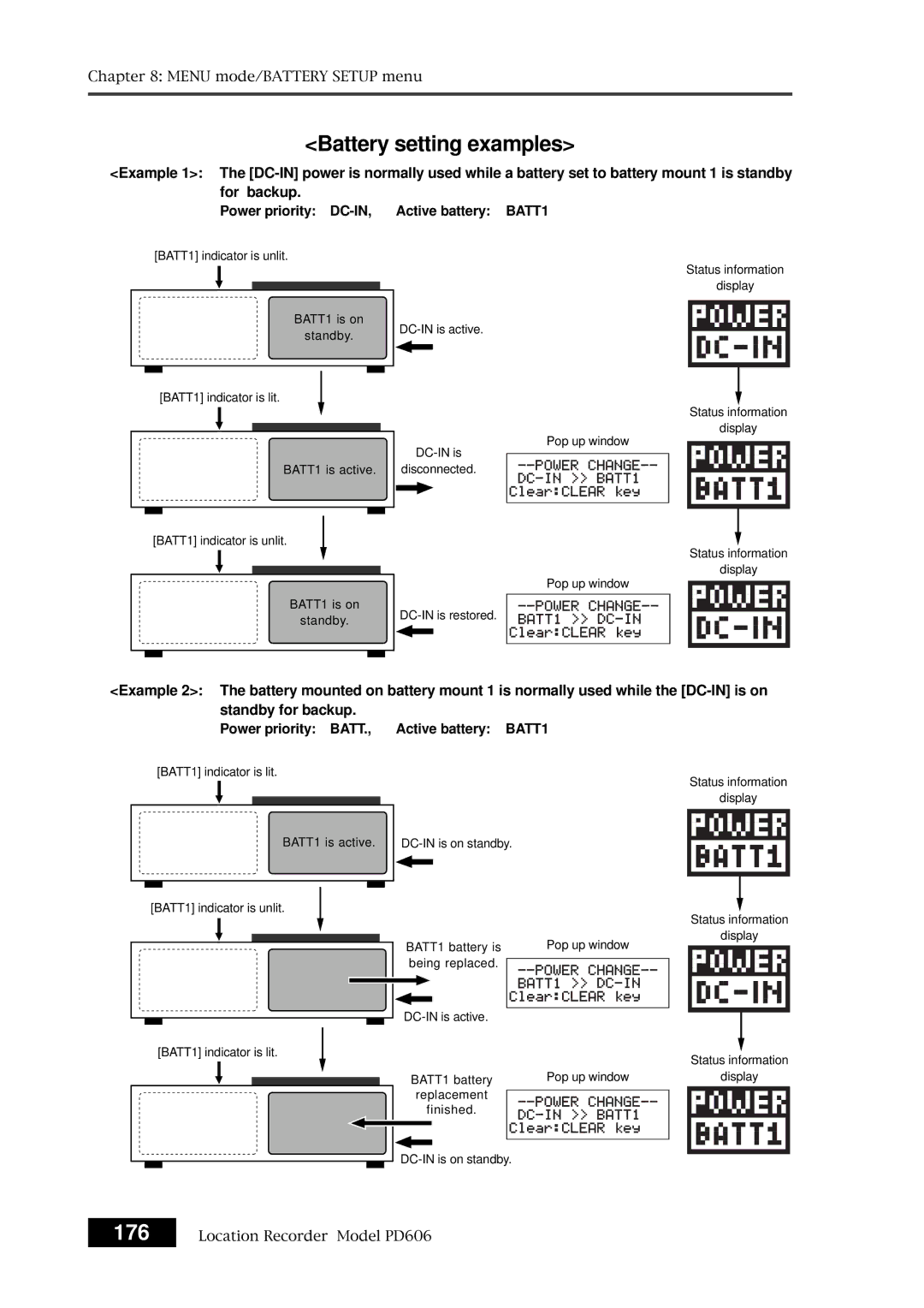 Fostex PD606 owner manual Battery setting examples, Power priority DC-IN, Active battery BATT1 