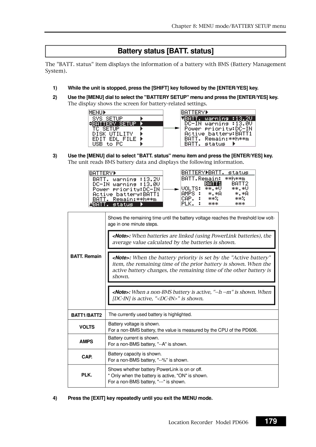 Fostex PD606 owner manual Battery status BATT. status, 179, Age in one minute steps, BATT. Remain 