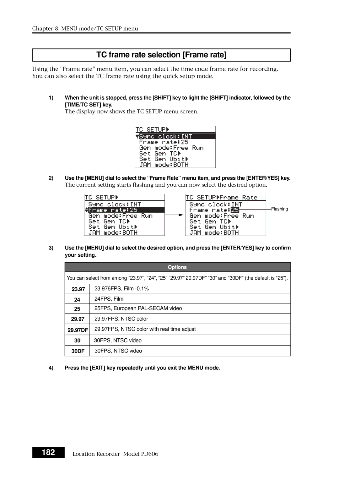 Fostex PD606 owner manual TC frame rate selection Frame rate, 182 