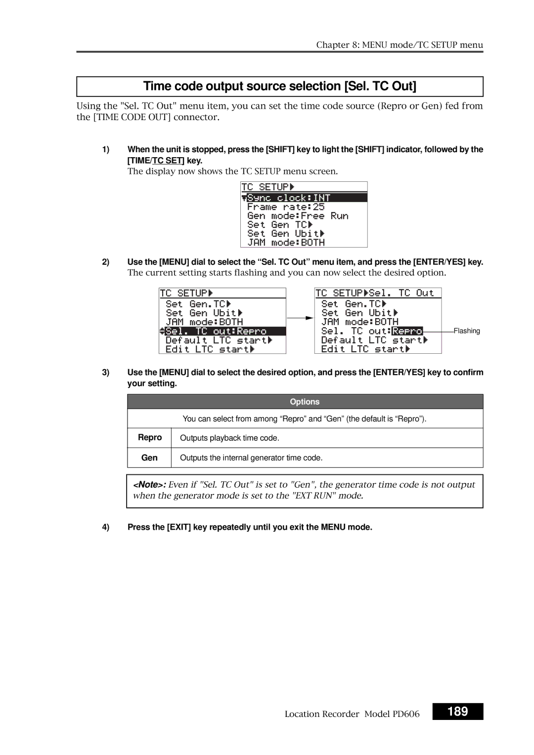 Fostex PD606 owner manual Time code output source selection Sel. TC Out, 189, Repro, Gen, Outputs playback time code 