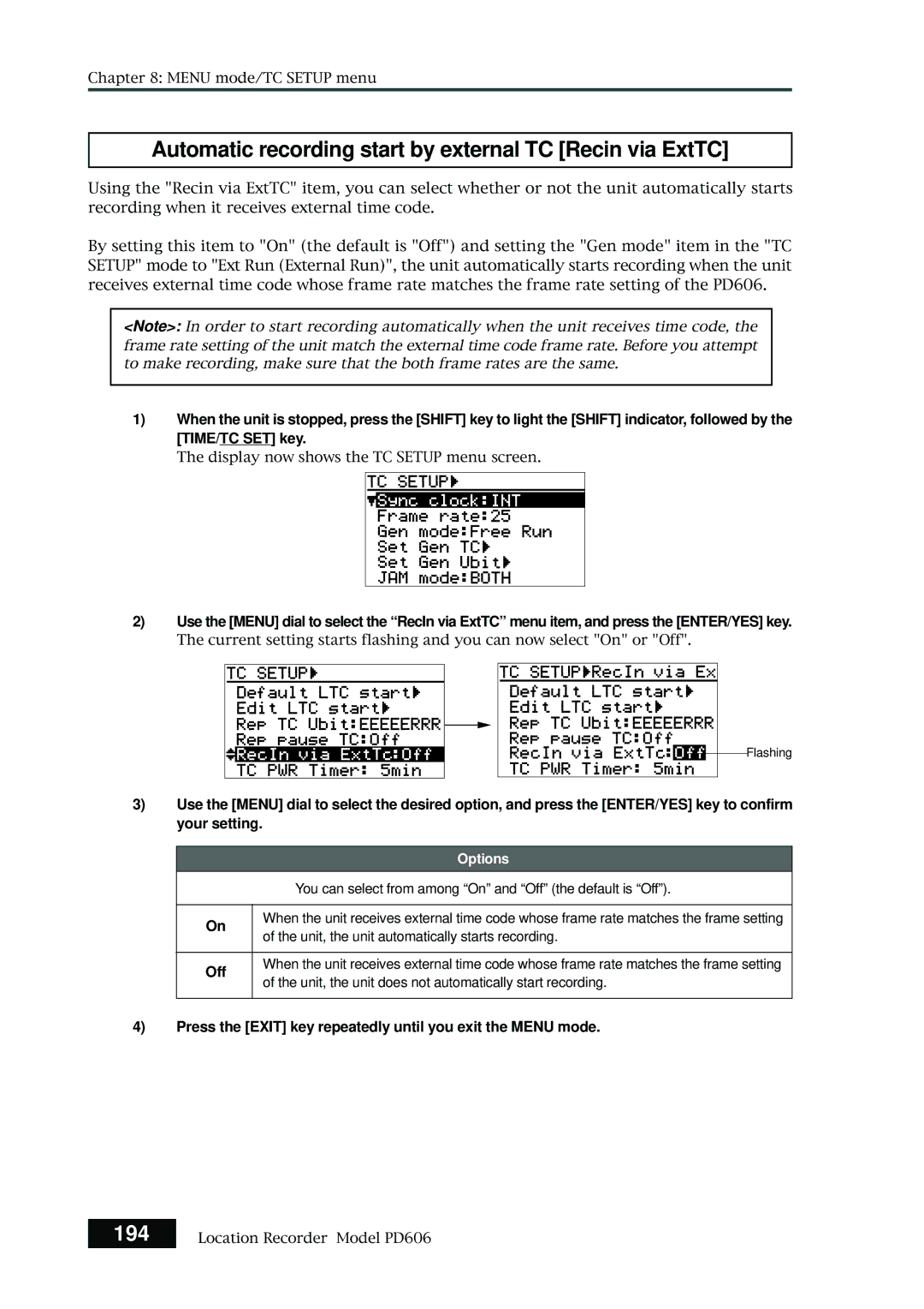 Fostex PD606 Automatic recording start by external TC Recin via ExtTC, 194, Unit, the unit automatically starts recording 