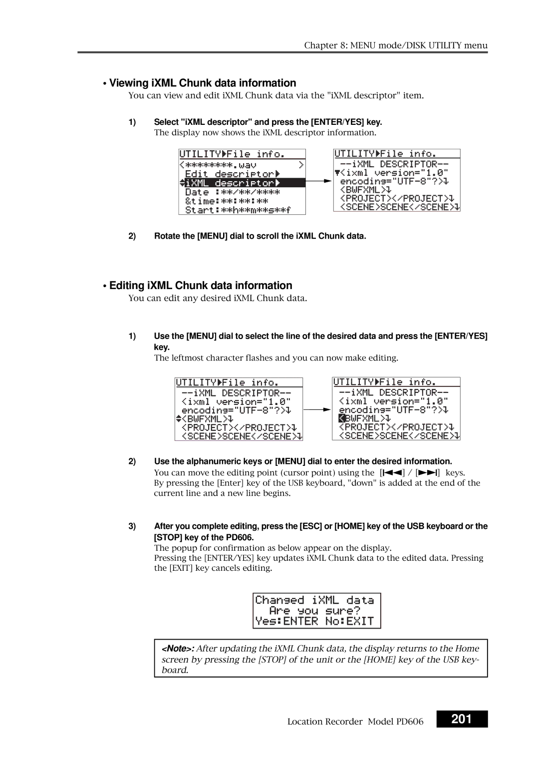 Fostex PD606 owner manual 201, Viewing iXML Chunk data information, Editing iXML Chunk data information 