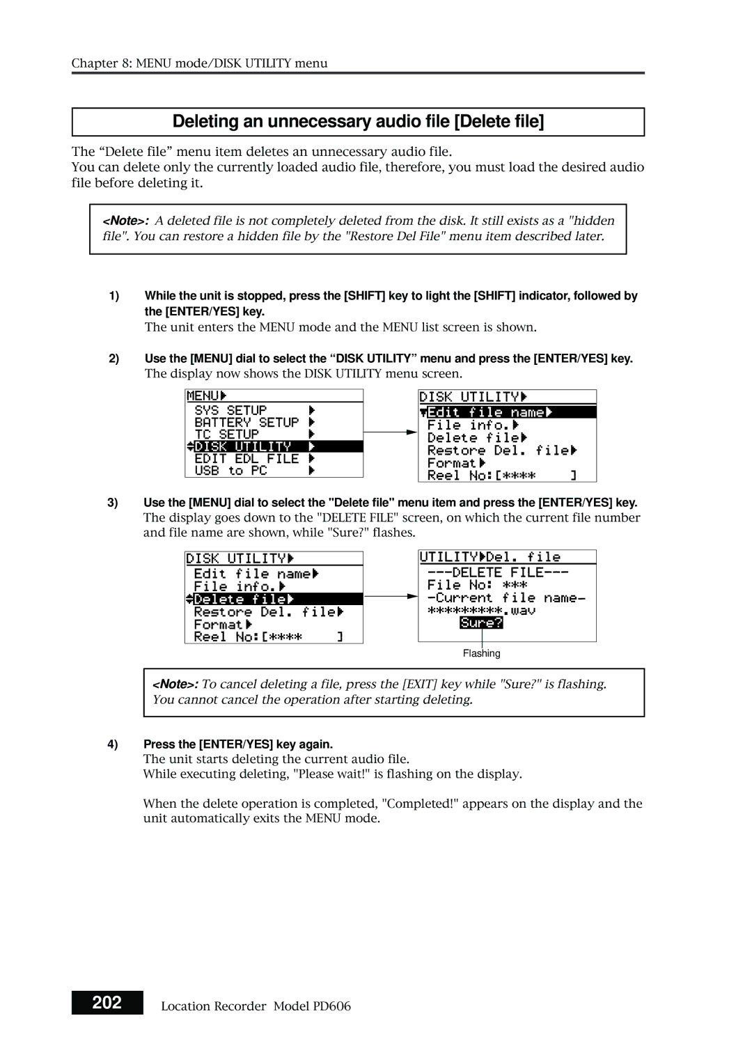 Fostex PD606 owner manual Deleting an unnecessary audio file Delete file, 202 