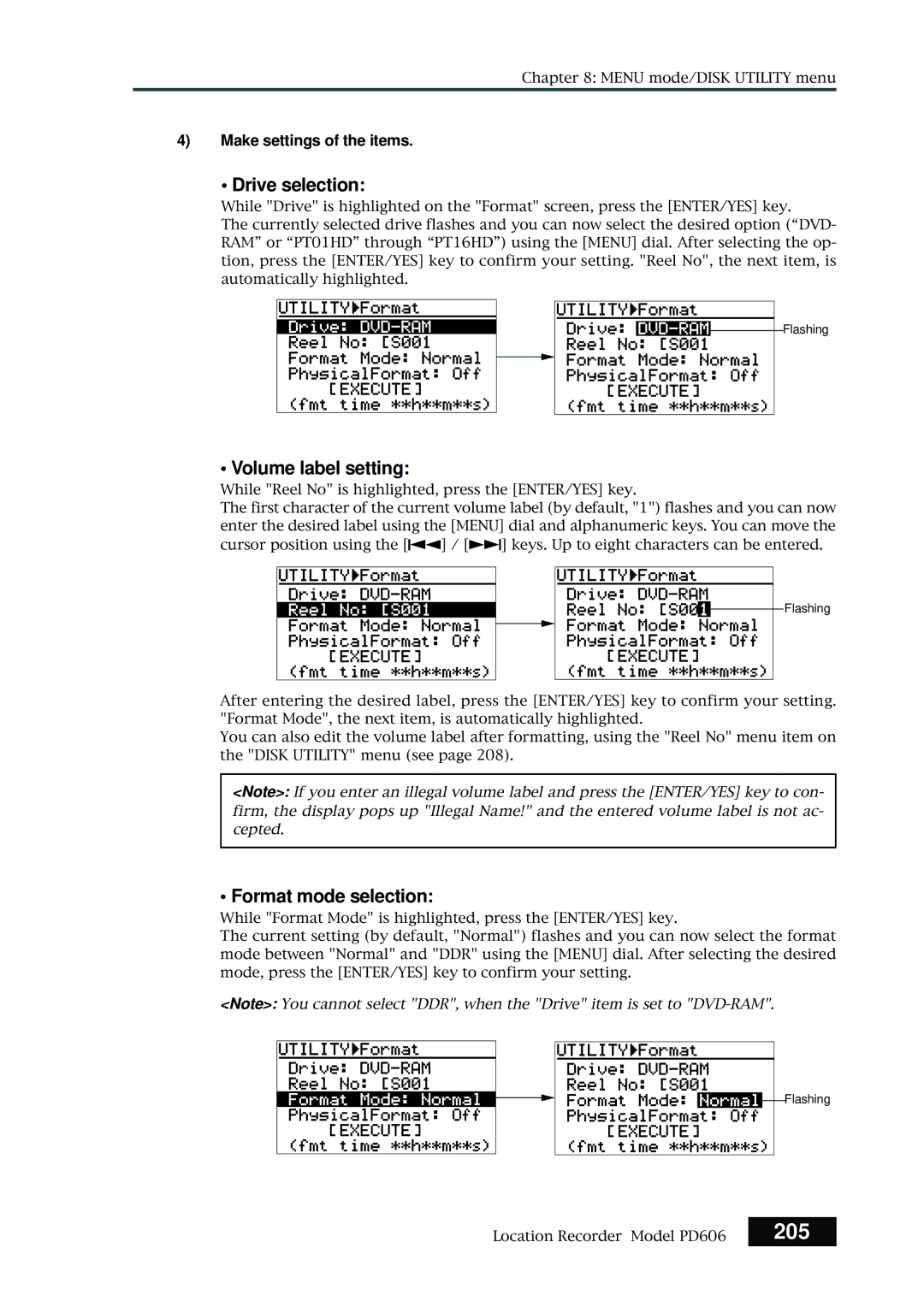 Fostex PD606 owner manual 205, Drive selection, Volume label setting, Format mode selection, Make settings of the items 