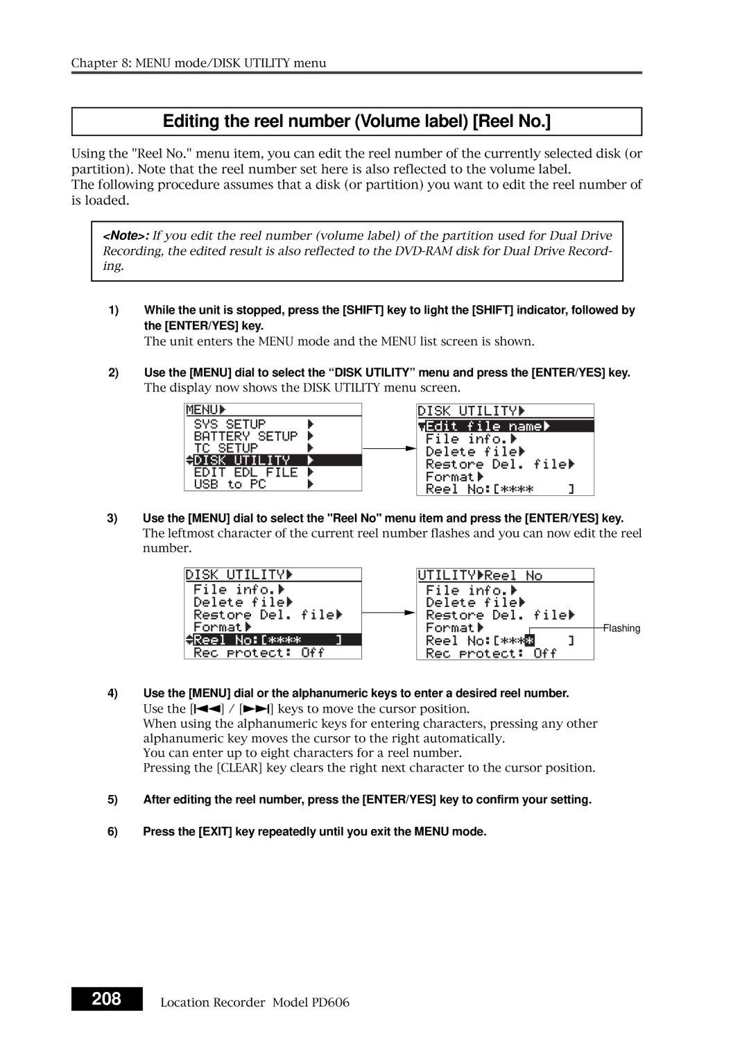 Fostex PD606 owner manual Editing the reel number Volume label Reel No, 208 