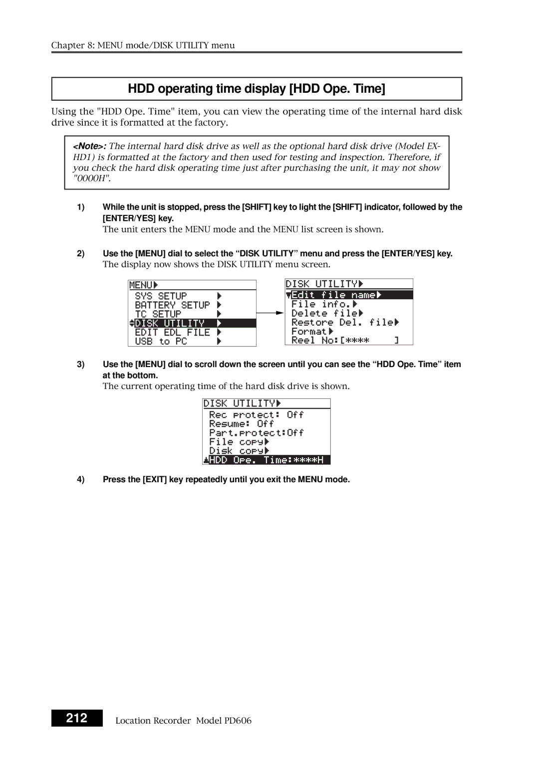 Fostex PD606 owner manual HDD operating time display HDD Ope. Time, 212 