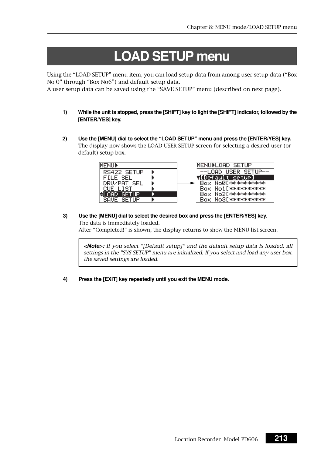 Fostex PD606 owner manual Load Setup menu, 213 