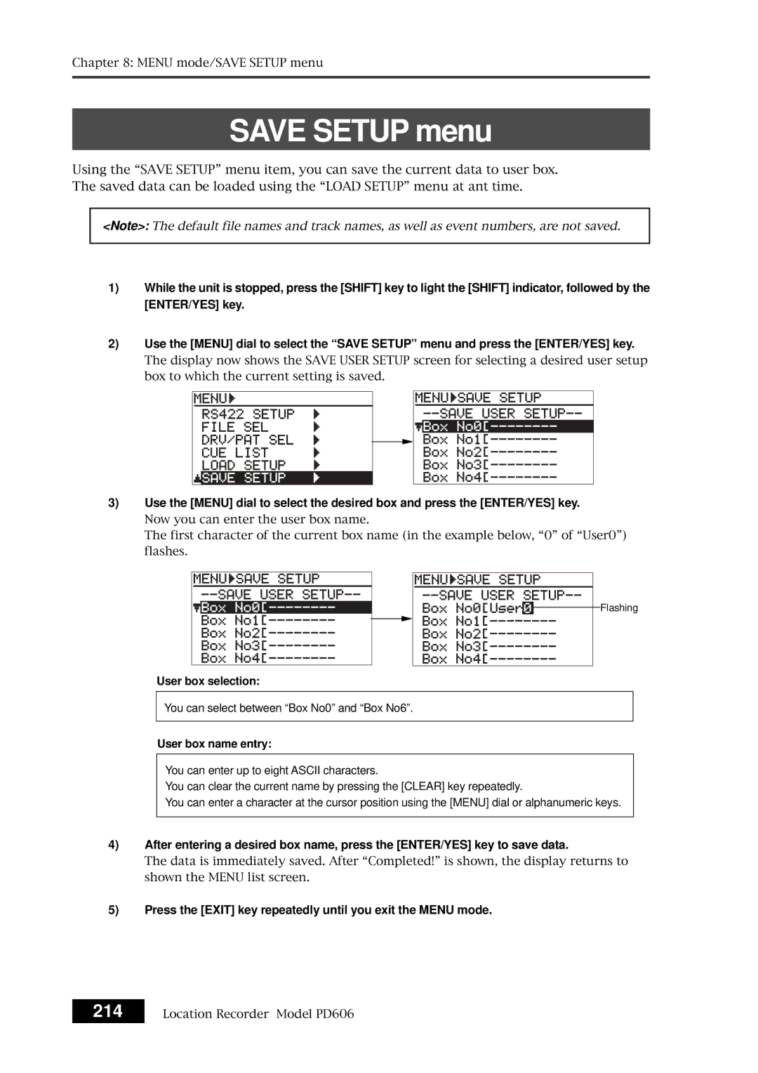 Fostex PD606 owner manual User box selection, You can select between Box No0 and Box No6, User box name entry 