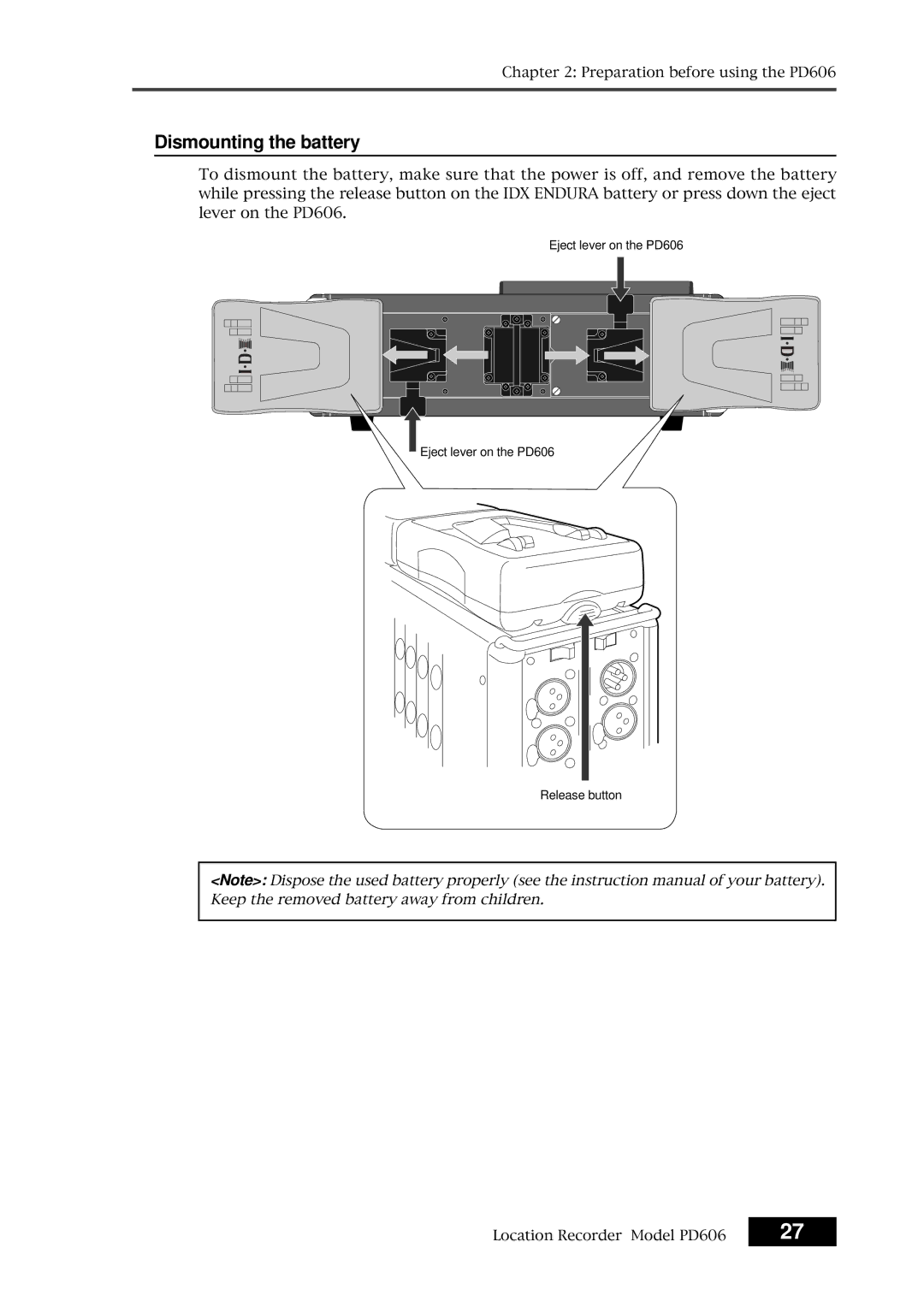 Fostex PD606 owner manual Dismounting the battery 