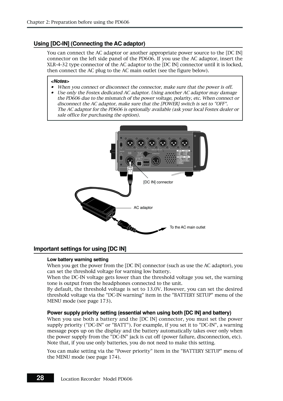 Fostex PD606 Using DC-IN Connecting the AC adaptor, Important settings for using DC, Low battery warning setting 