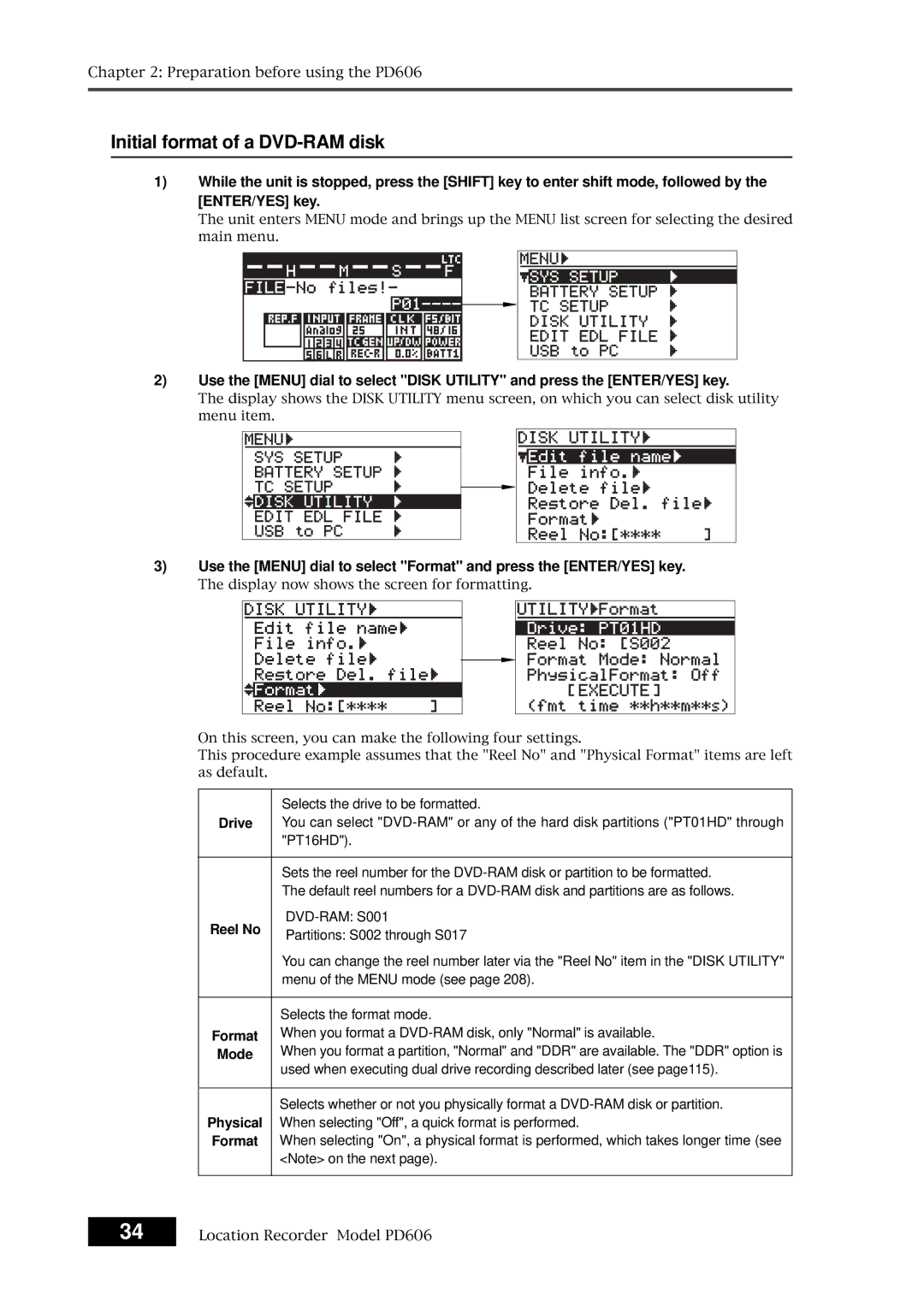 Fostex PD606 owner manual Initial format of a DVD-RAM disk, Drive, Reel No, Format, Mode 