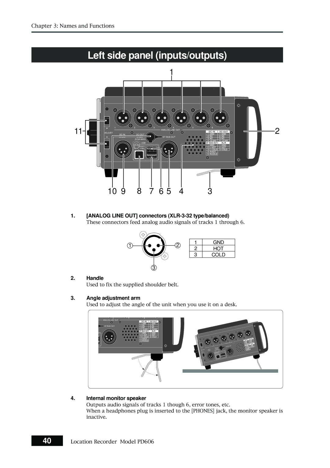 Fostex PD606 owner manual Handle, Angle adjustment arm, Internal monitor speaker 