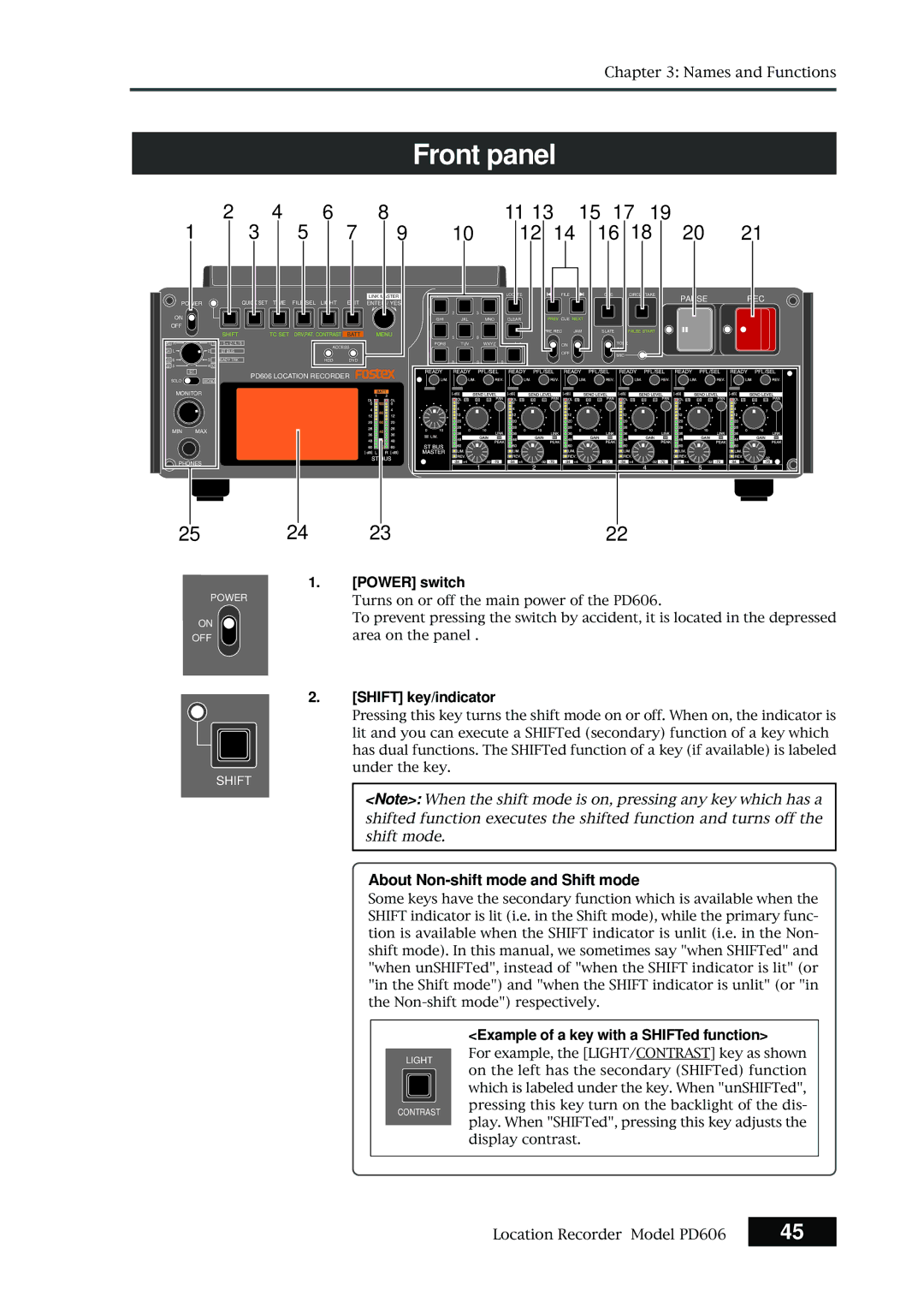 Fostex PD606 owner manual Front panel, Power switch, Shift key/indicator, About Non-shift mode and Shift mode 