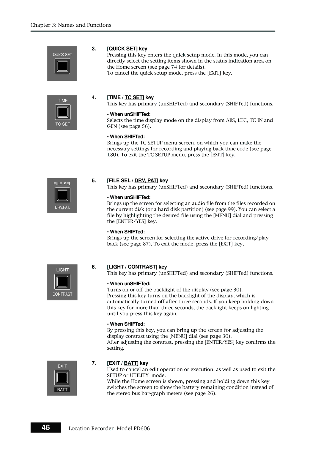 Fostex PD606 owner manual Quick SET key, Time / TC SET key, File SEL / DRV, PAT key, Light / Contrast key, Exit / Batt key 