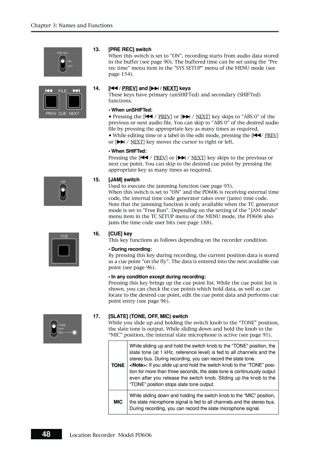 Fostex PD606 owner manual PRE REC switch, 14. / Prev and / Next keys, JAM switch, CUE key, Slate TONE, OFF, MIC switch 