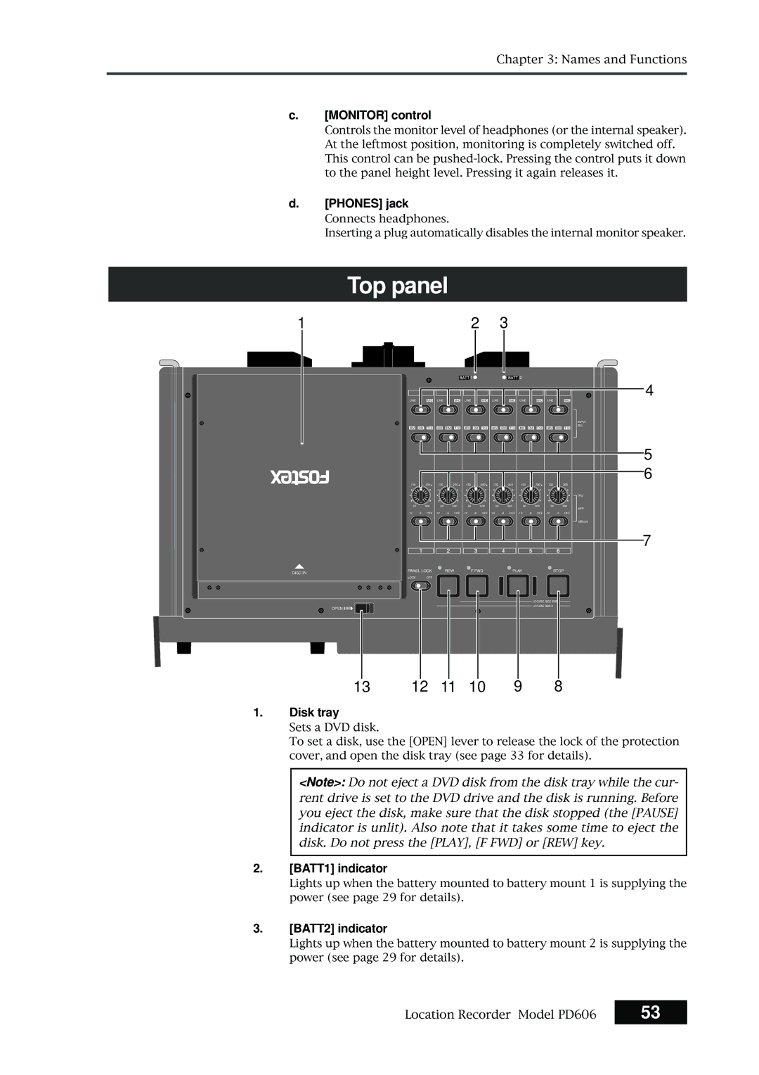 Fostex PD606 owner manual Monitor control, Phones jack, Disk tray, BATT1 indicator, BATT2 indicator 