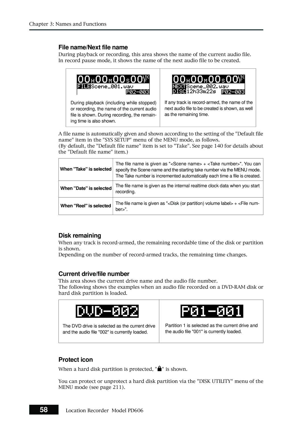 Fostex PD606 owner manual File name/Next file name, Disk remaining, Current drive/file number, Protect icon 