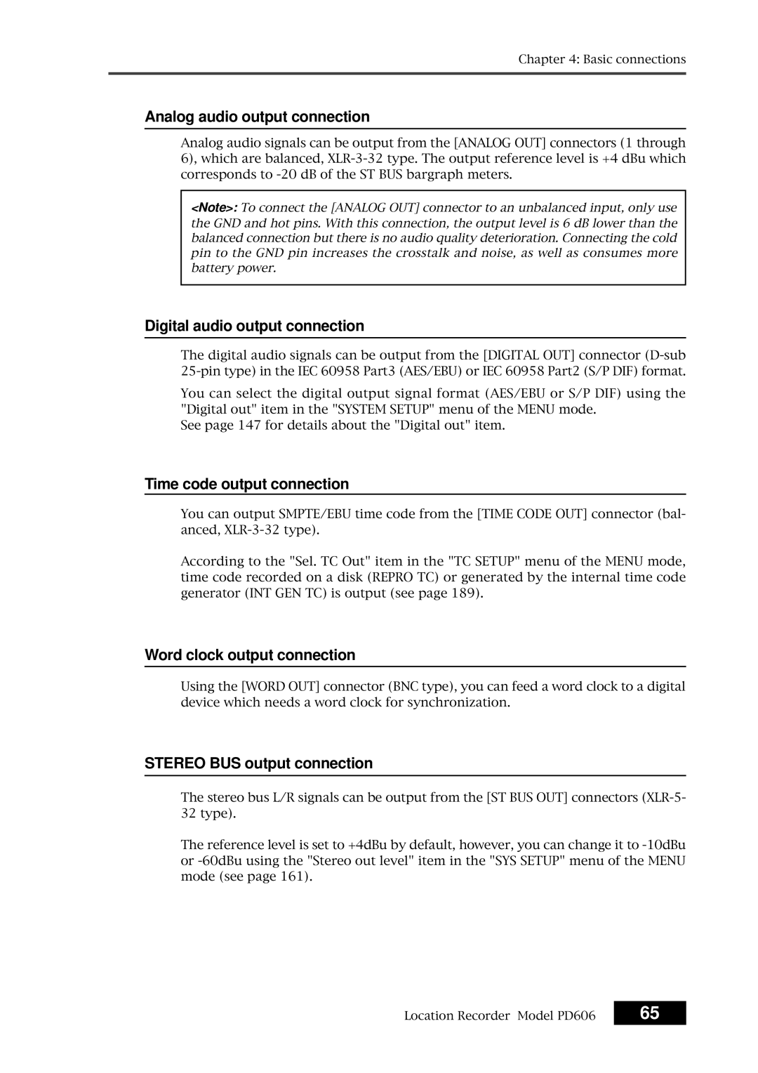 Fostex PD606 owner manual Analog audio output connection, Digital audio output connection, Time code output connection 