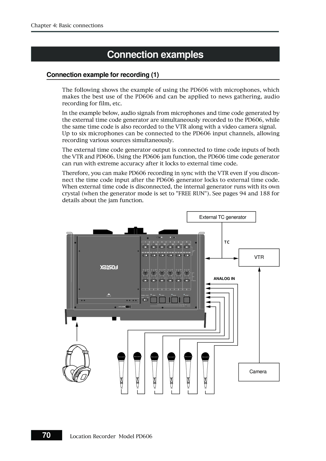 Fostex PD606 owner manual Connection examples, Connection example for recording, External TC generator, Camera 