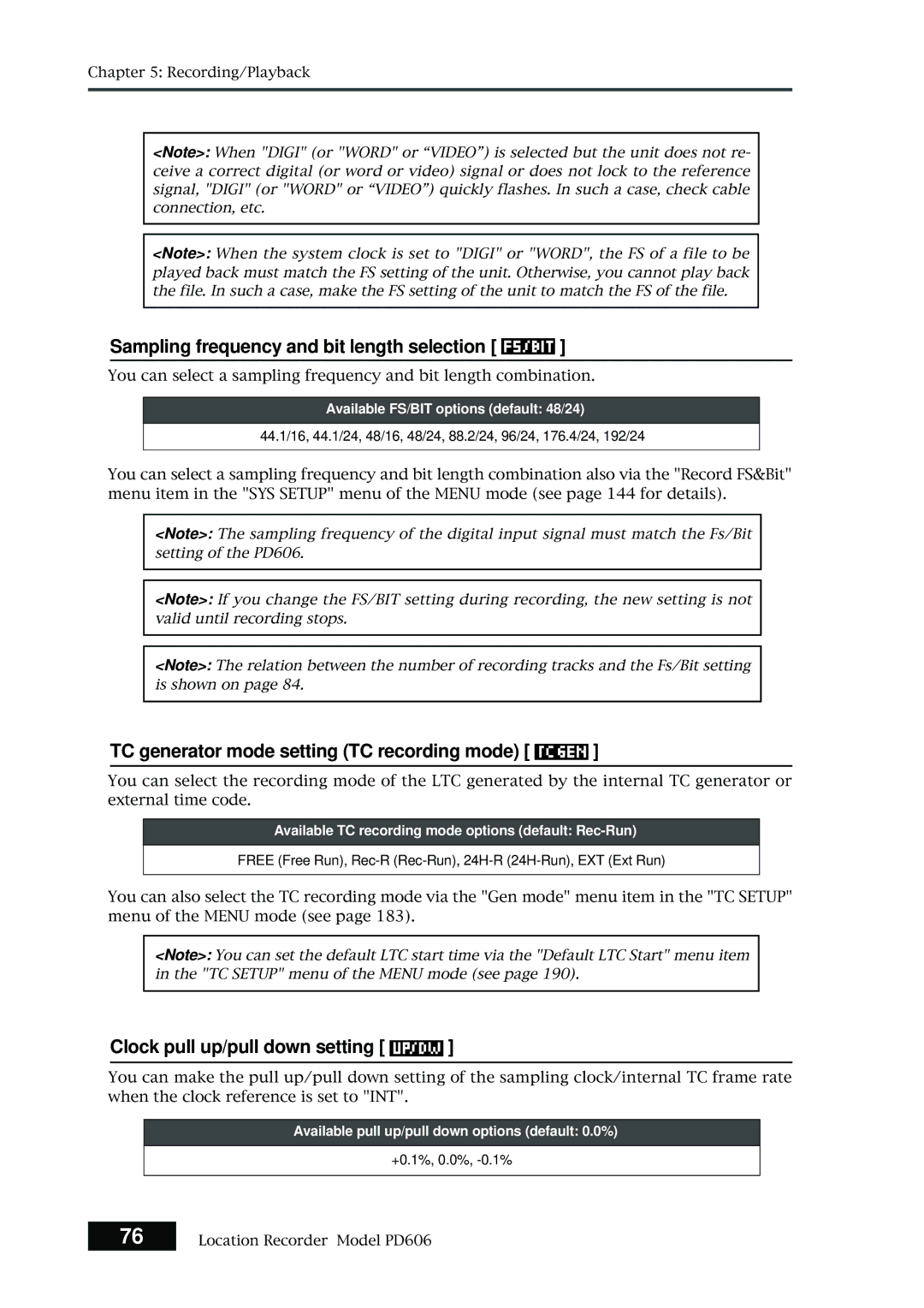 Fostex PD606 Sampling frequency and bit length selection, TC generator mode setting TC recording mode, +0.1%, 0.0%, -0.1% 