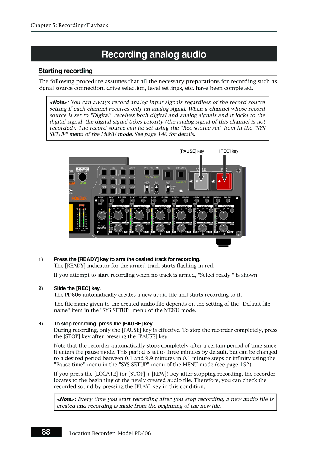 Fostex PD606 Recording analog audio, Starting recording, Press the Ready key to arm the desired track for recording 