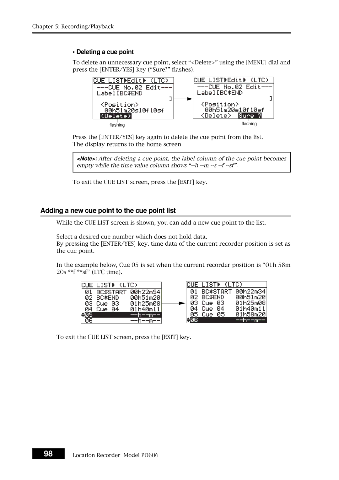 Fostex PD606 owner manual Adding a new cue point to the cue point list, Deleting a cue point 