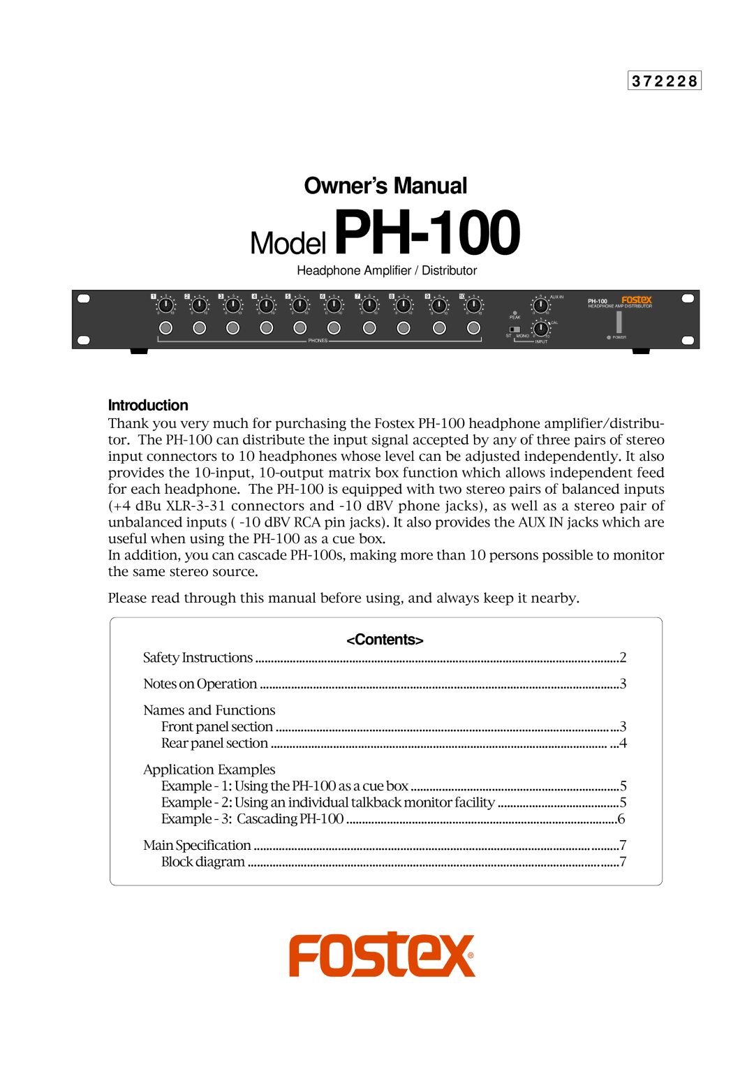 Fostex PH-100 owner manual 2 2 2, Introduction, Contents 