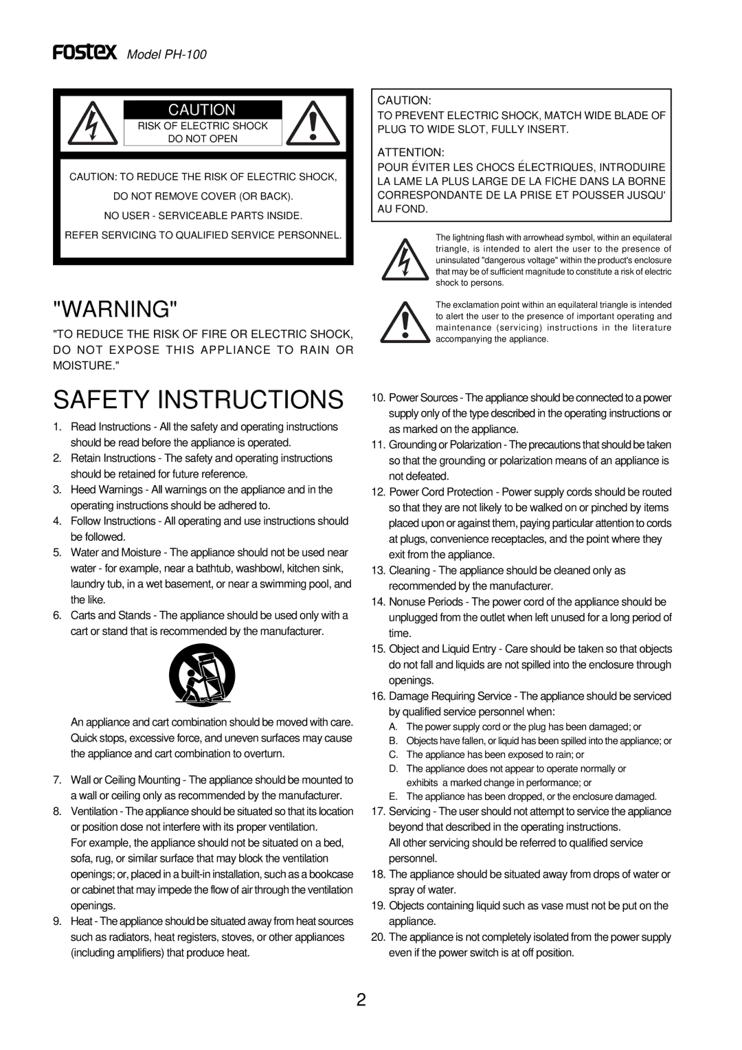 Fostex PH-100 owner manual Safety Instructions 