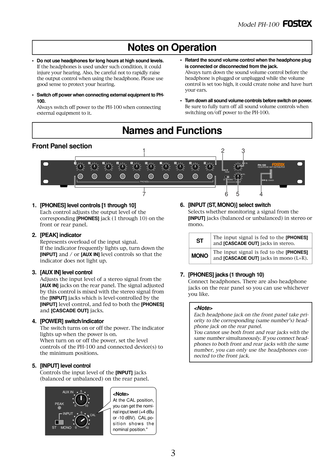 Fostex PH-100 owner manual Names and Functions, Front Panel section 