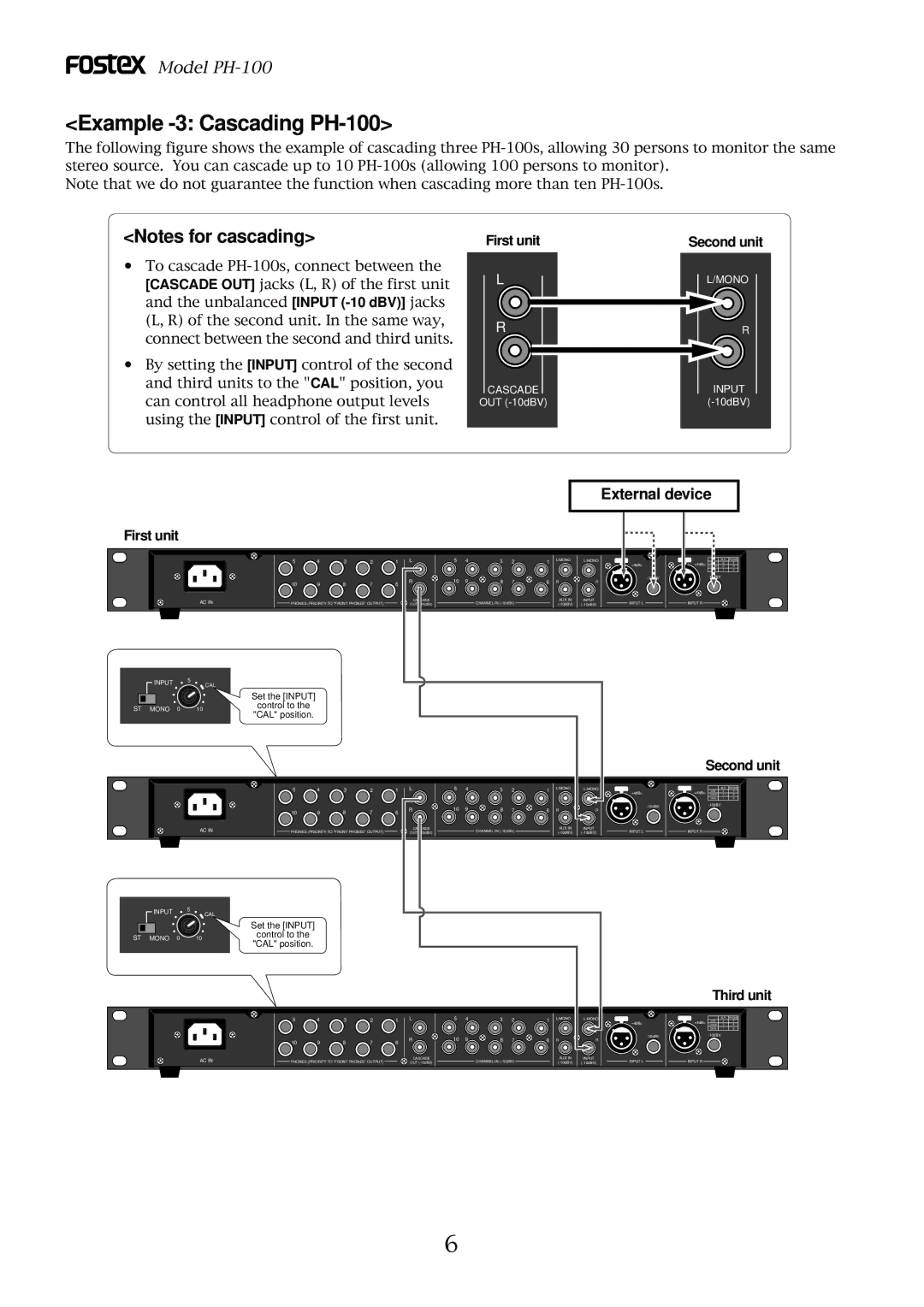 Fostex owner manual Example -3 Cascading PH-100, External device, First unit, Second unit, Third unit 