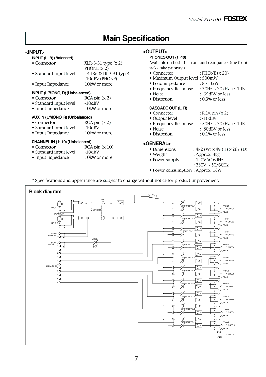 Fostex PH-100 owner manual Main Specification, Phones OUT 1~10, Cascade OUT L, R 