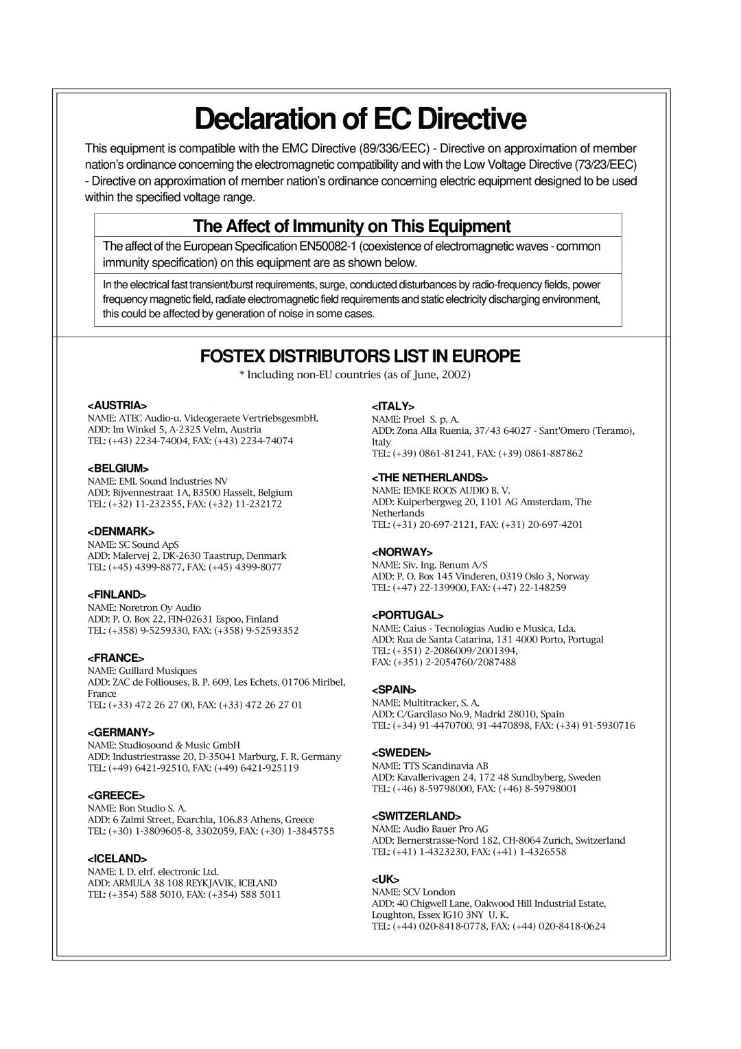 Fostex PH-100 owner manual Affect of Immunity on This Equipment 