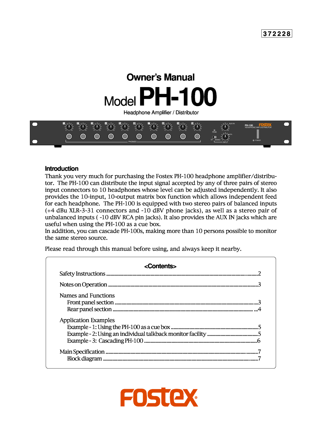 Fostex owner manual Introduction, Contents, Model PH-100 