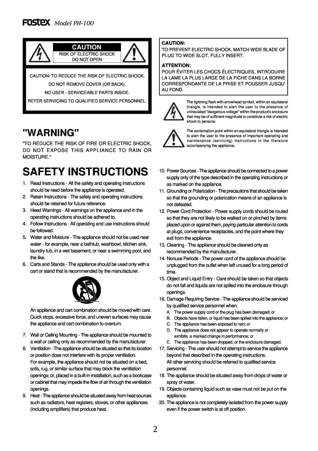 Fostex owner manual Model PH-100, Safety Instructions 