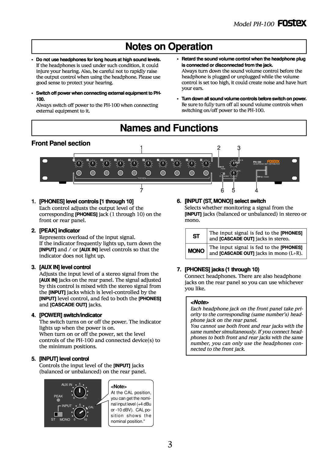 Fostex owner manual Notes on Operation, Names and Functions, Front Panel section, Model PH-100 