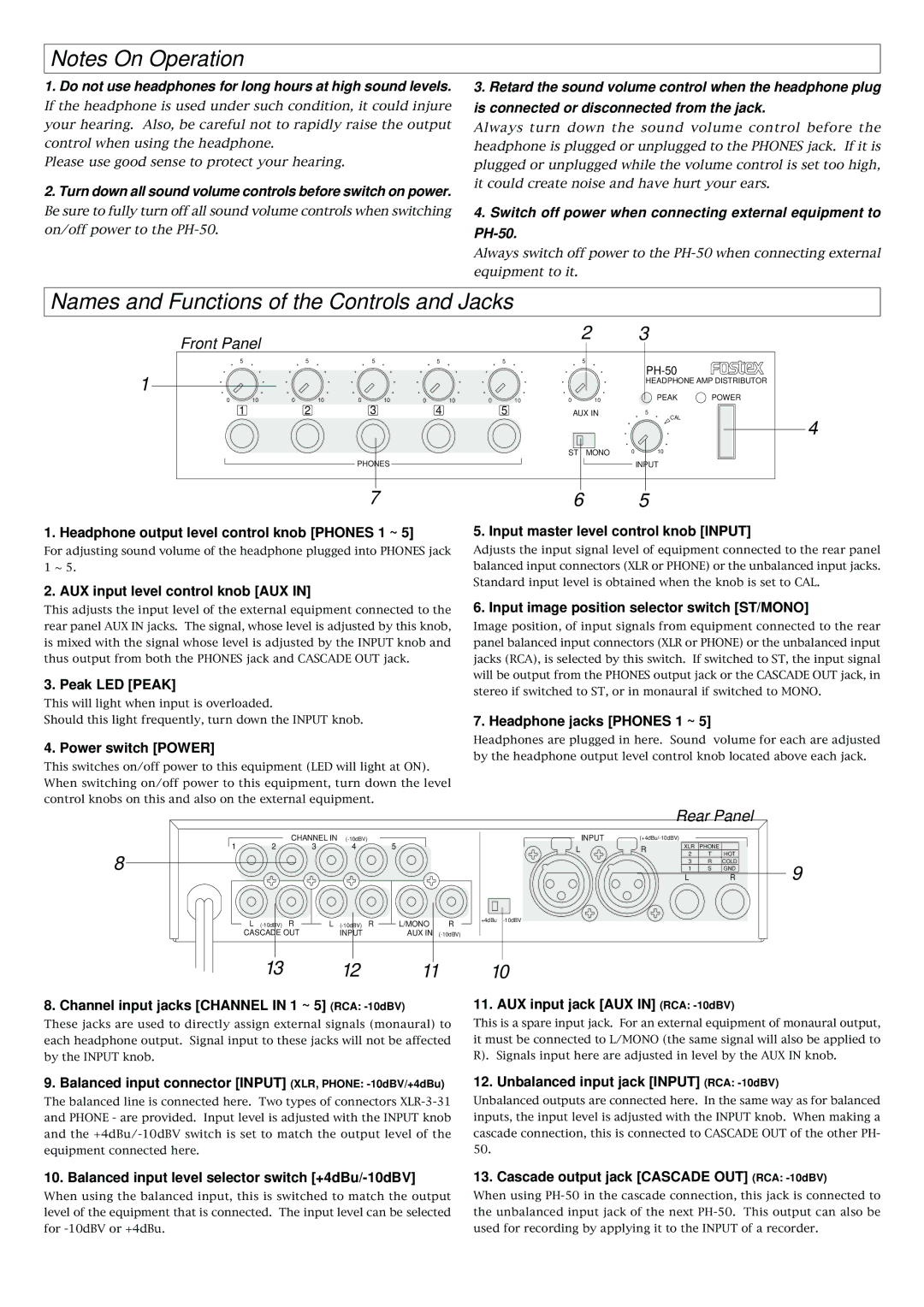 Fostex PH-50 Names and Functions of the Controls and Jacks, Do not use headphones for long hours at high sound levels 