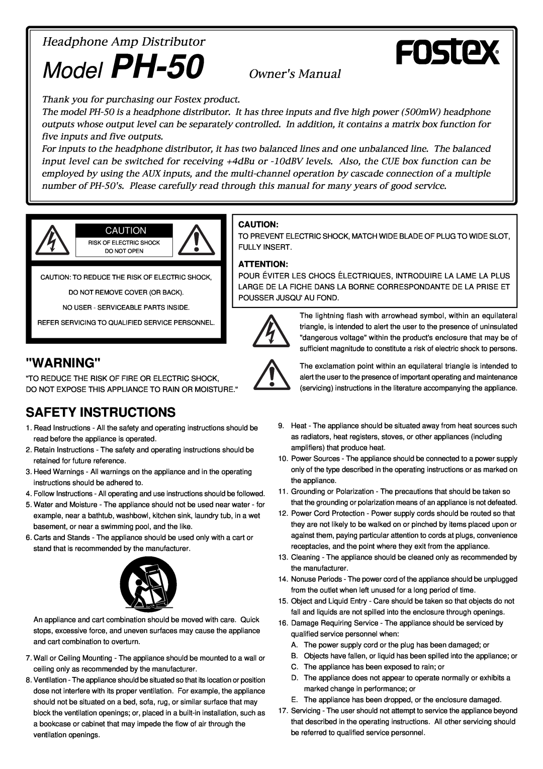 Fostex user service Safety Instructions, Model PH-50, Headphone Amp Distributor 