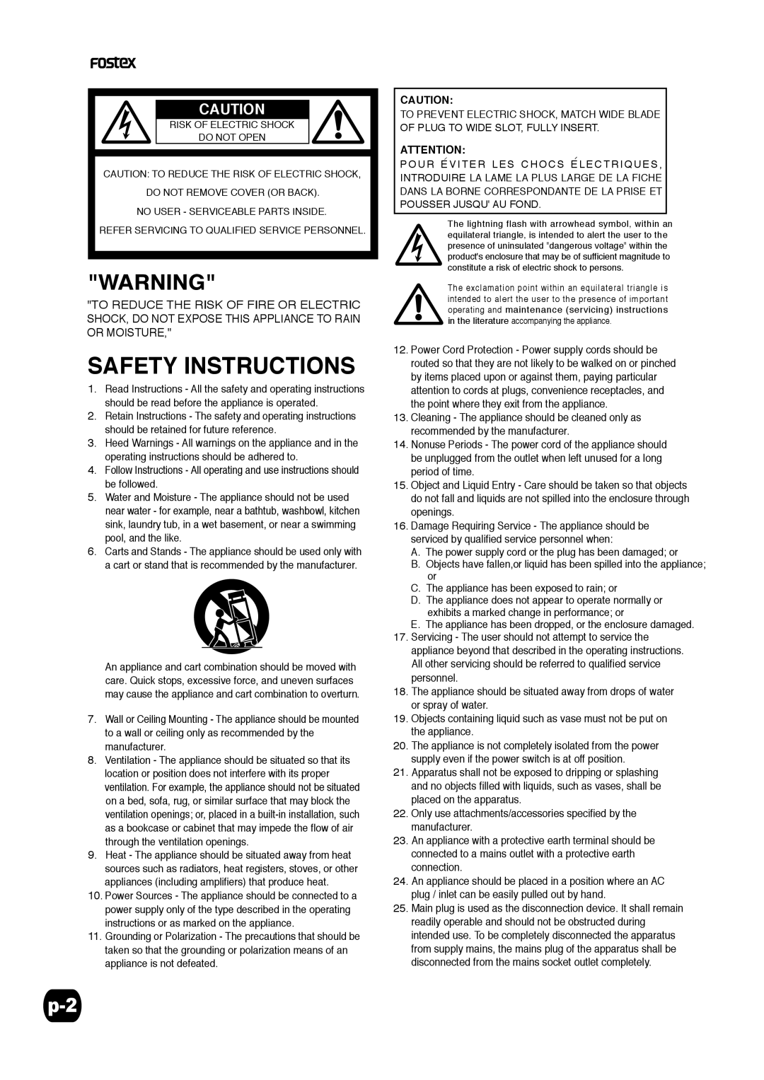 Fostex PM-1MKII specifications Safety Instructions 