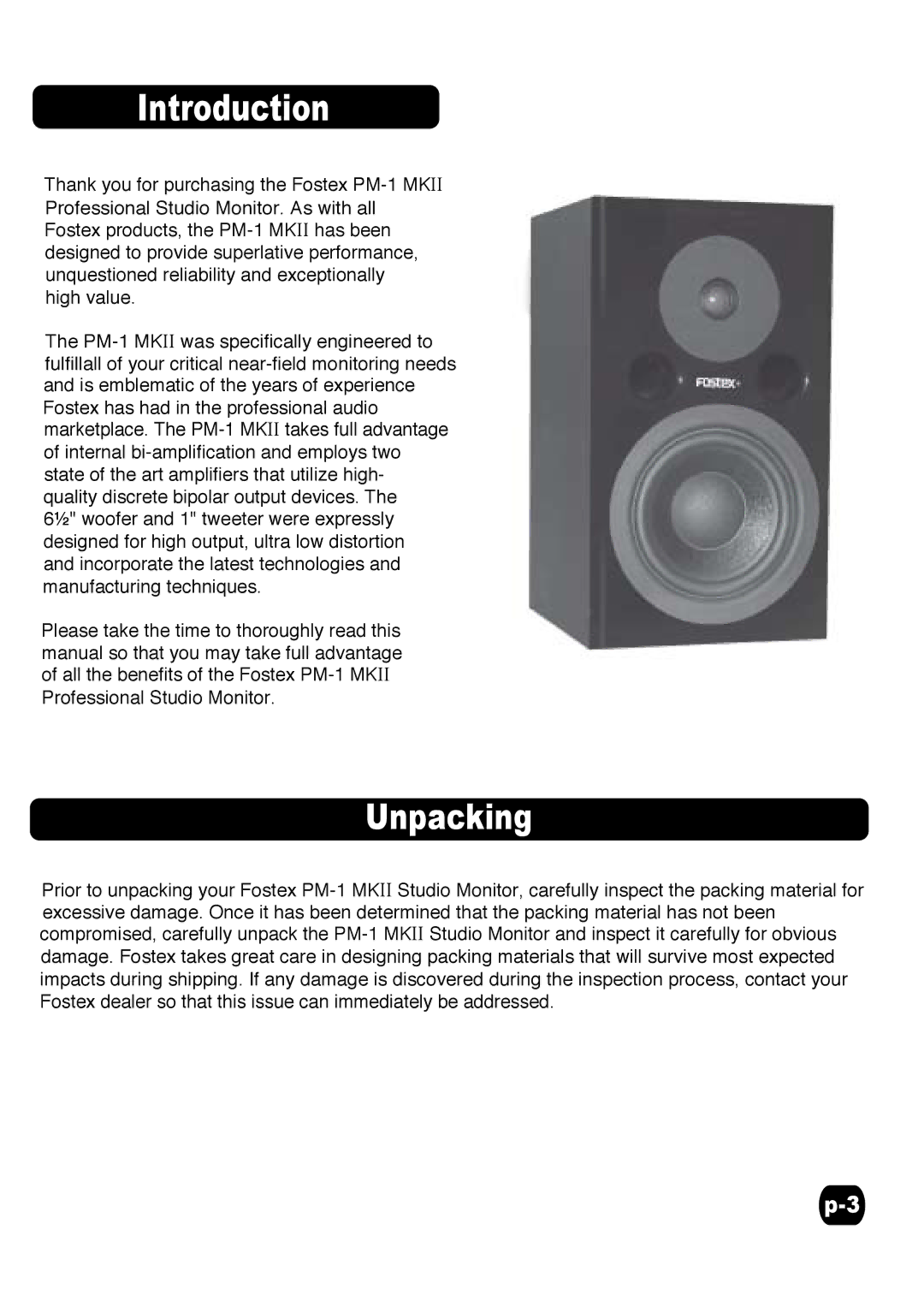 Fostex PM-1MKII specifications Introduction, Unpacking 