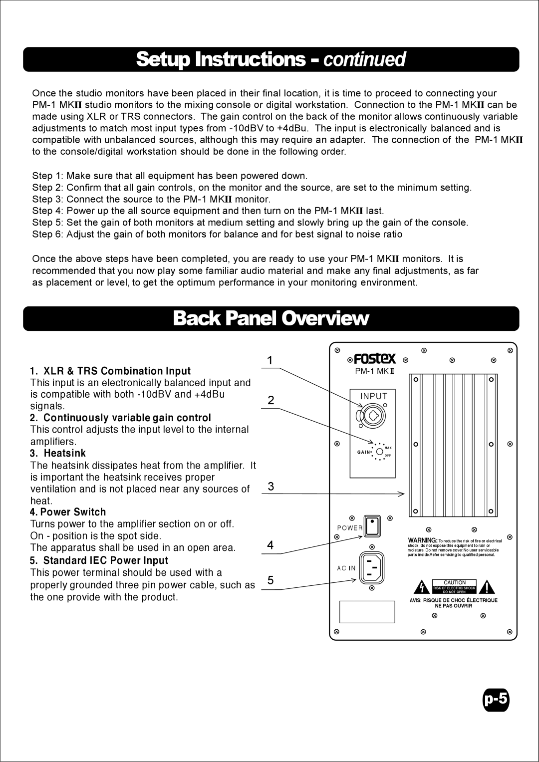 Fostex PM-1MKII specifications Setup Instructions, Back Panel Overview 