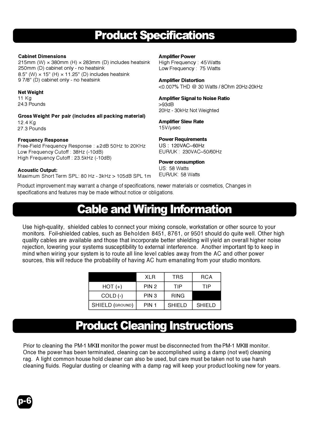 Fostex PM-1MKII specifications Product Specifications, Cable and Wiring Information, Product Cleaning Instructions 