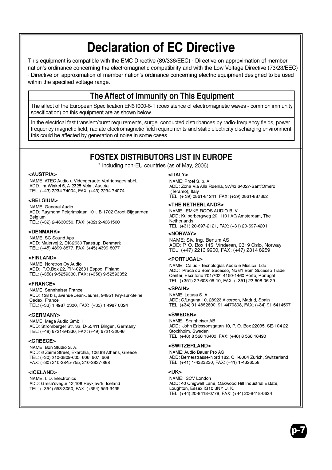 Fostex PM-1MKII specifications Declaration of EC Directive 