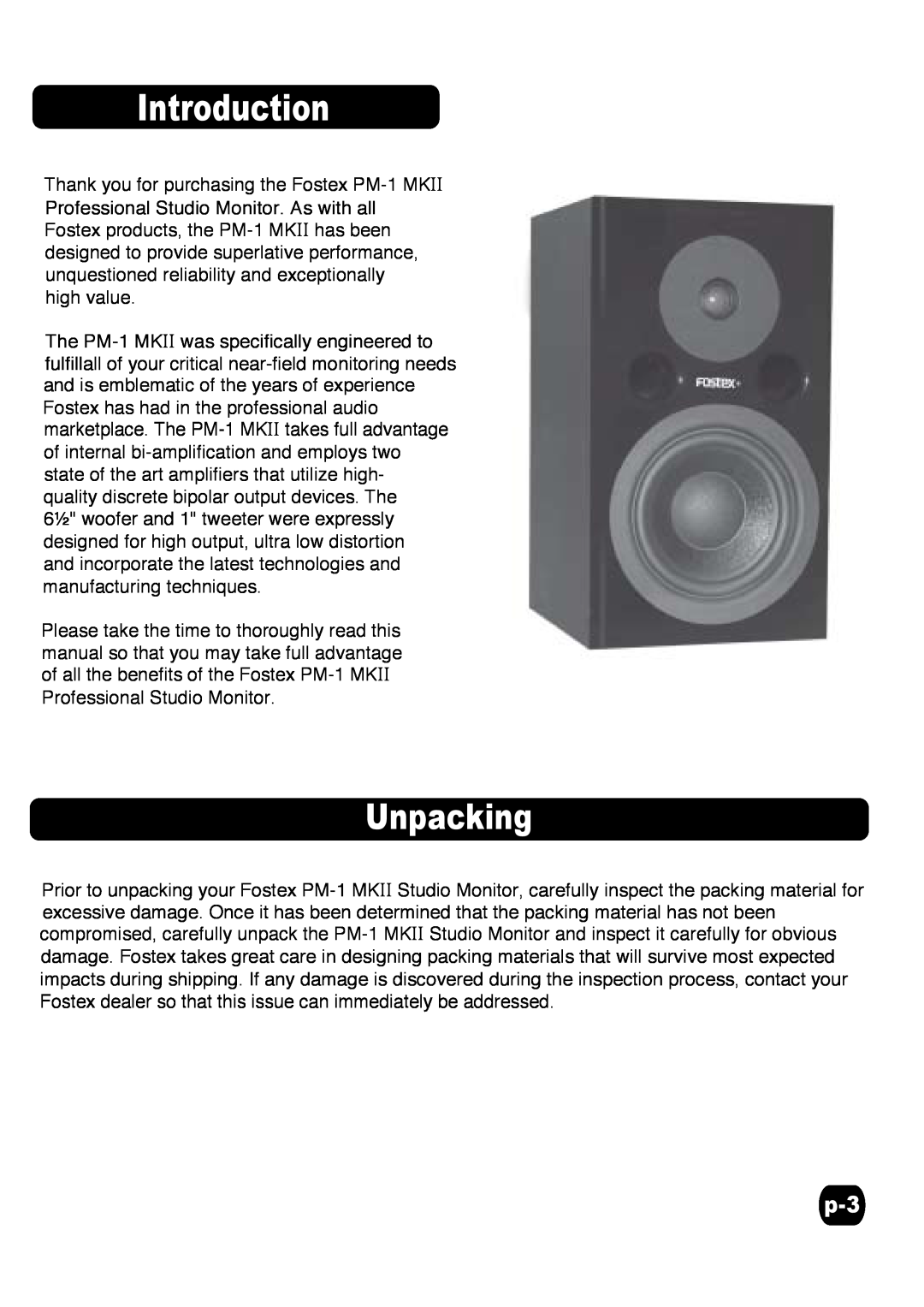 Fostex PM-1MKII specifications Unpacking, Introduction 