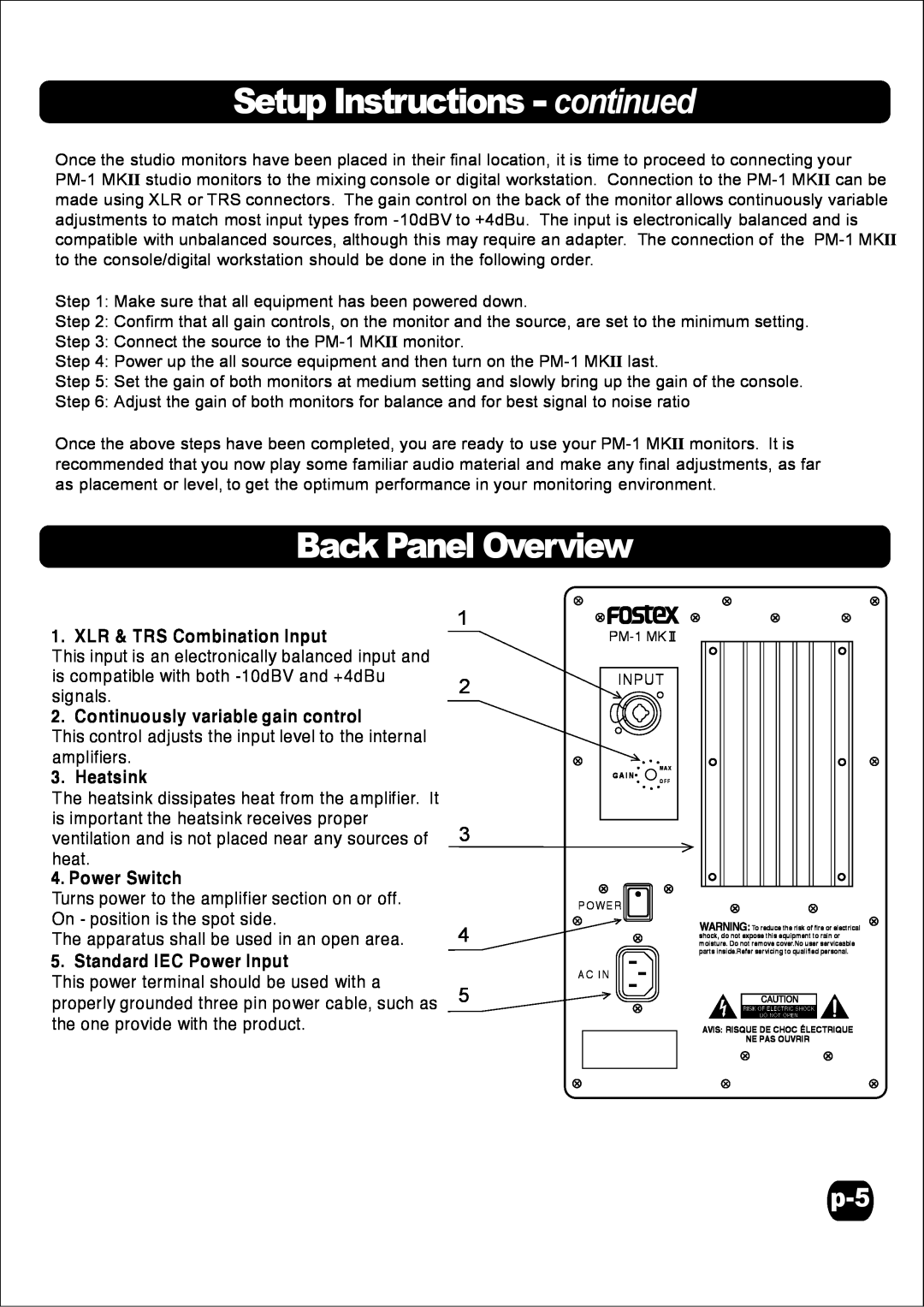 Fostex PM-1MKII Setup Instructions continued, Back Panel Overview, XLR & TRS Combination Input, Heatsink, Power Switch 